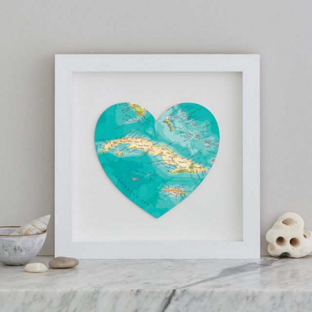 Framed map heart of Cuba in bright blues and yellows.