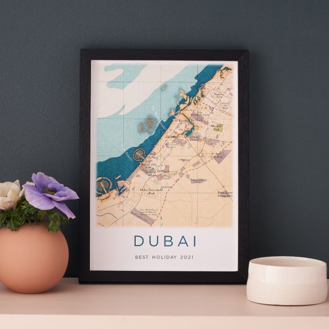 Hand-drawn map print of Bath personalised with text below map. Framed in black box frame.