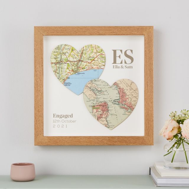 Two map hearts in oak frame with printed personalisation