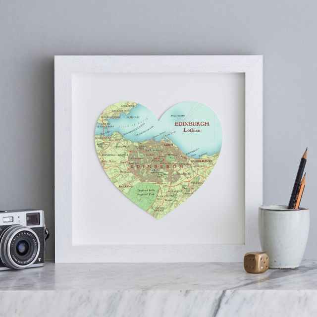 Edinburgh map heart mounted and framed in white wood box frame