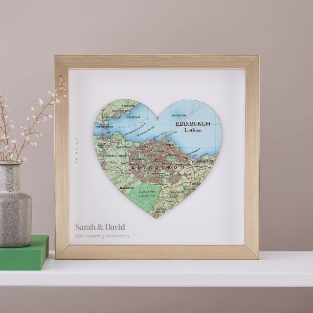 Map location heart in gold frame with printed personalisation. 