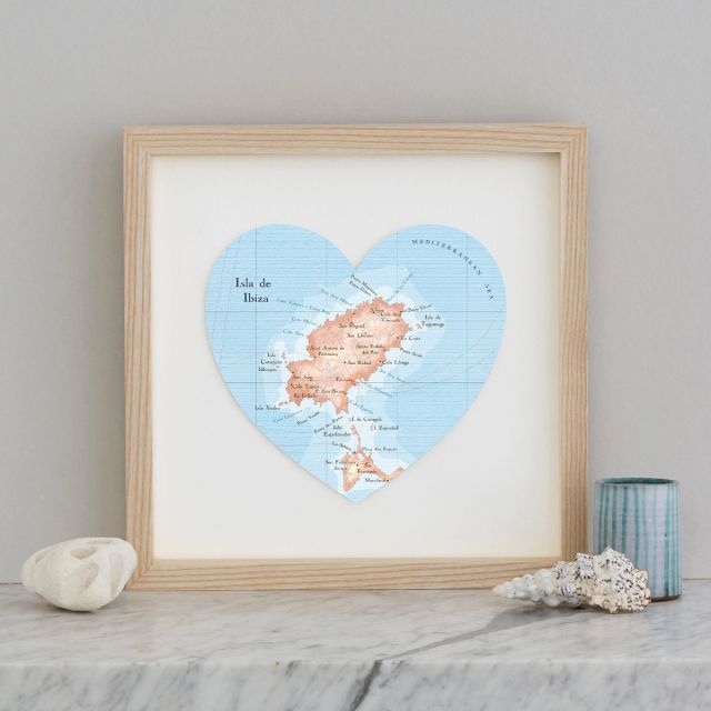 Ibiza map heart in light wood frame