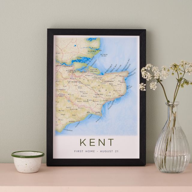 A4 map print of Kent with printed personalisation and black box frame.