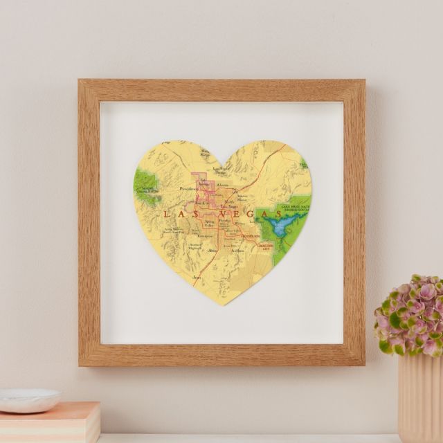 Map heart of Las Vegas with white wood frame.