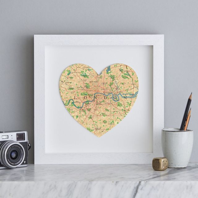London map heart print in white wood square frame.
