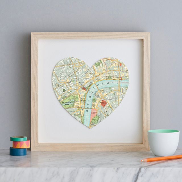 London South Bank map heart mounted on white card and framed in light wood frame