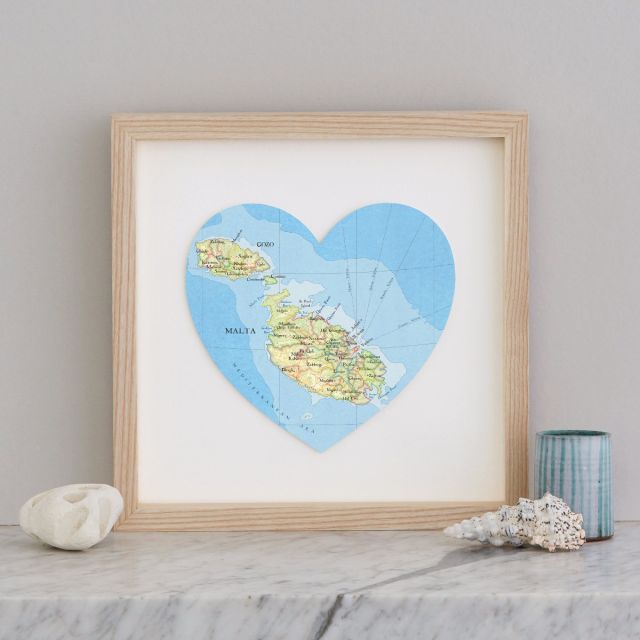 Malta and Gozo map heart print in light wood frame.