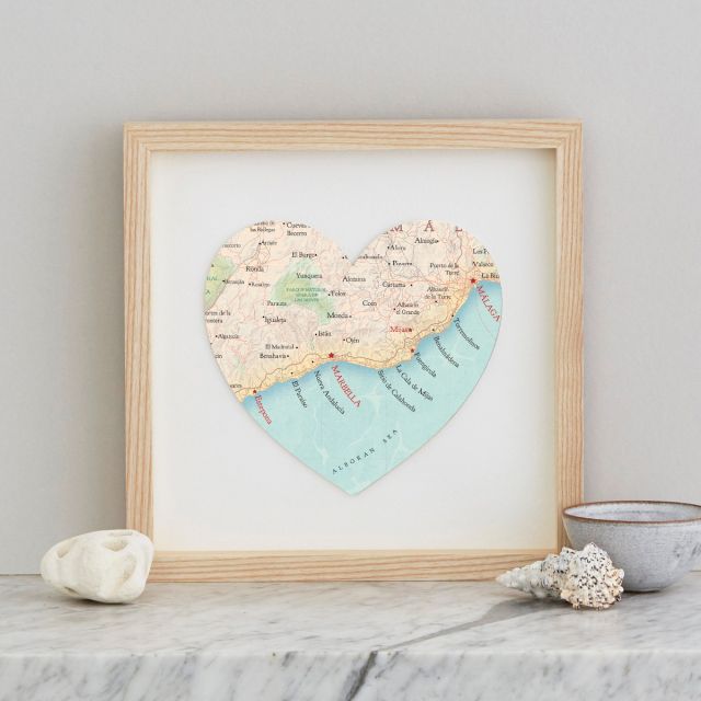Marbella map heart with light wood box frame