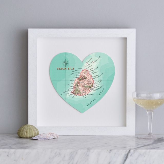 Mauritius map heart in white wood square frame.