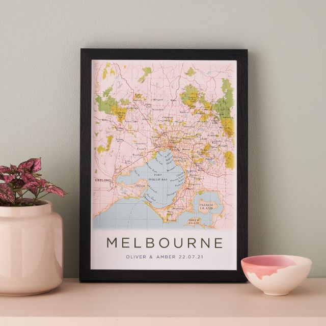 A4 map print of Melbourne with printed personalisation and black box frame.