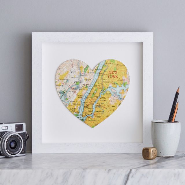 New York map heart print in white box frame