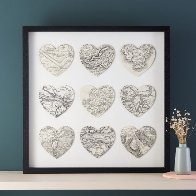 Nine Black and White Map Location Hearts Print