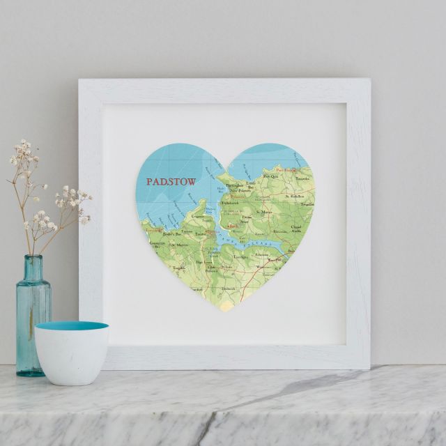 Padstow map heart print in white wood frame.