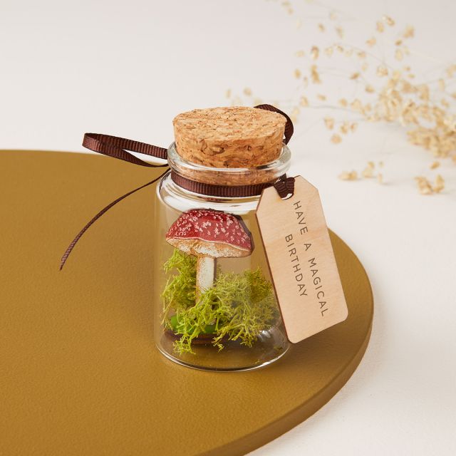 Little red and white toadstool in glass bottle