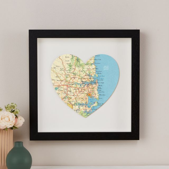 Sydney Australia map heart in light wood box frame