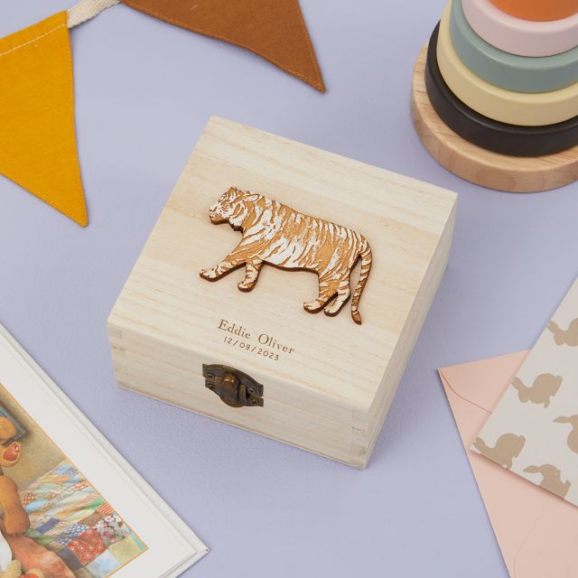 Wooden box with tiger on lid and personalised engraving.