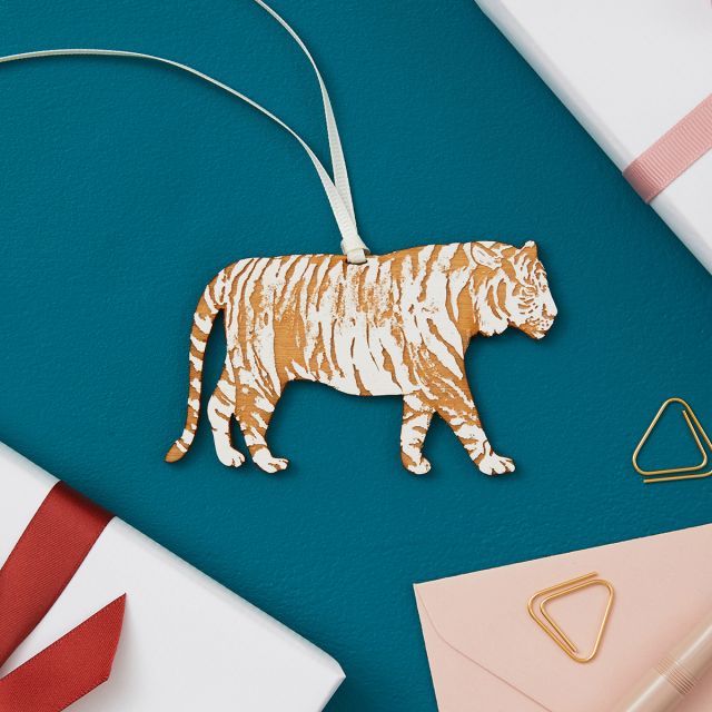 Tiger hanging keepsake on cream ribbon