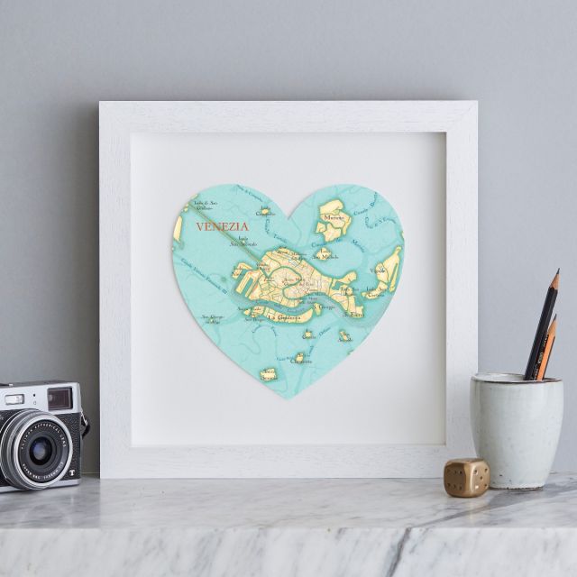 Venice map heart with white box frame